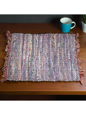 Handwoven Multicolor Rag Rug Placemats With Fringe Cotton & Polyester Boho Table